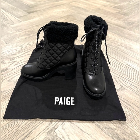 NWOB PAIGE Black Bryce Quilted Bootie & Genuine Shearling Trim, 7.5., Pristine - Picture 6 of 10